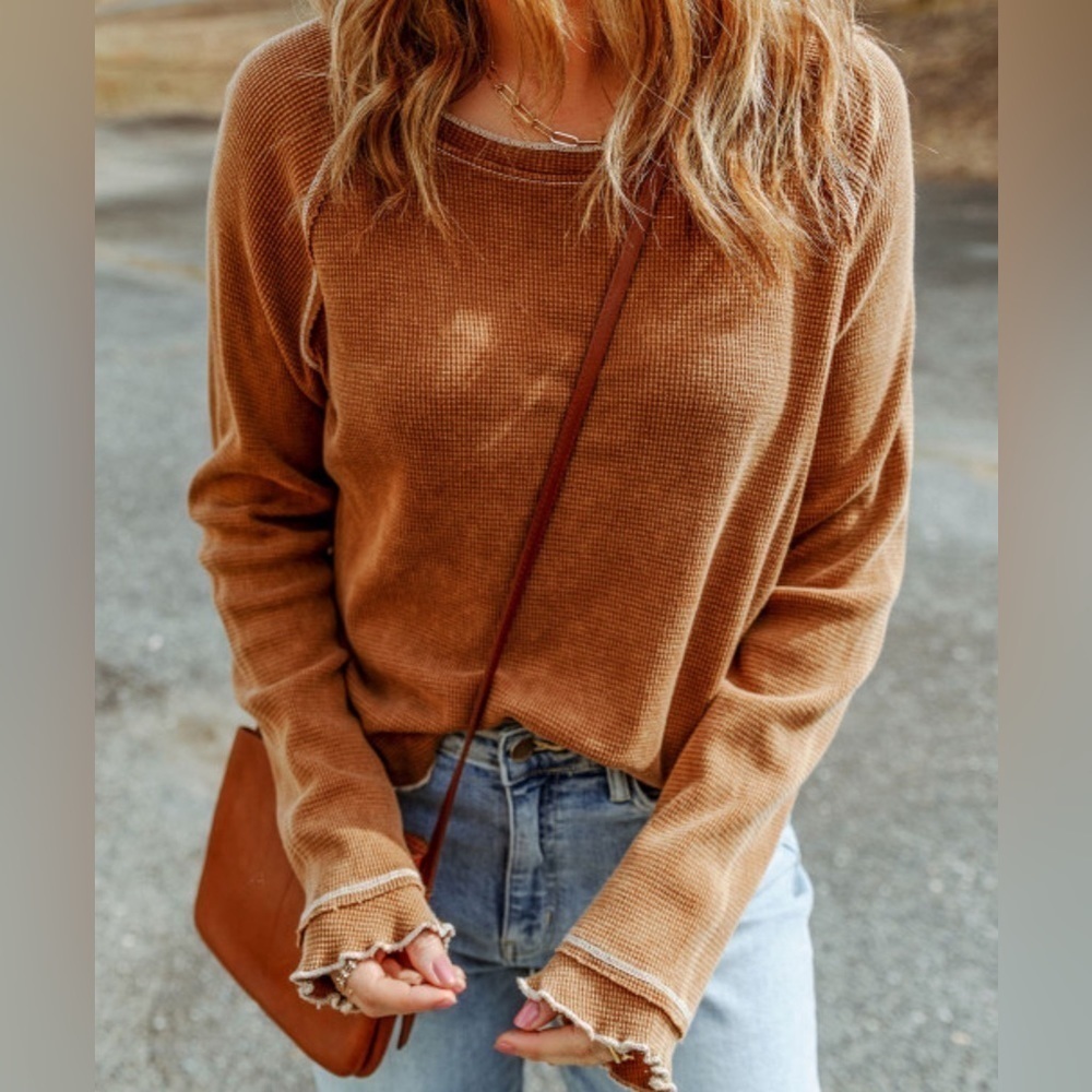 NEW Brown Waffle Knit Top with Raw Whipstitch Hems - Picture 1 of 10